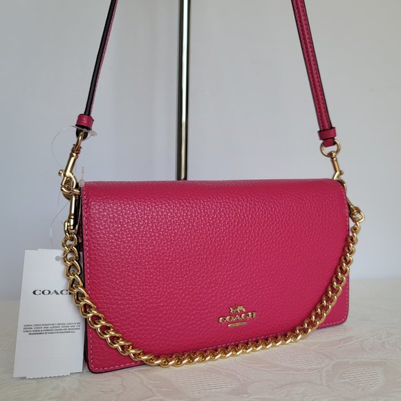 COACH Anna Pebbled Leather Foldover Clutch Crossbody With Chain- Bold Pink🎈$158 - Picture 3 of 16